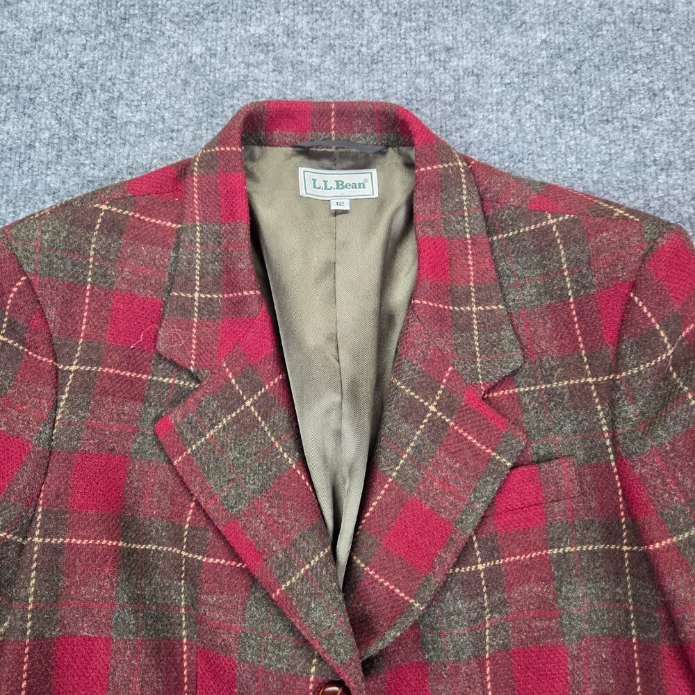L.L. BEAN Vintage Red Plaid Leather Button Wool Blazer Womens 12 Classic Holiday - Picture 4 of 12